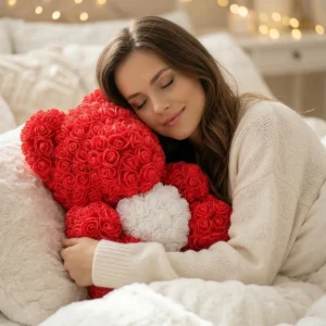 Medveď z ruží červený s bielym srdcom – 40cm