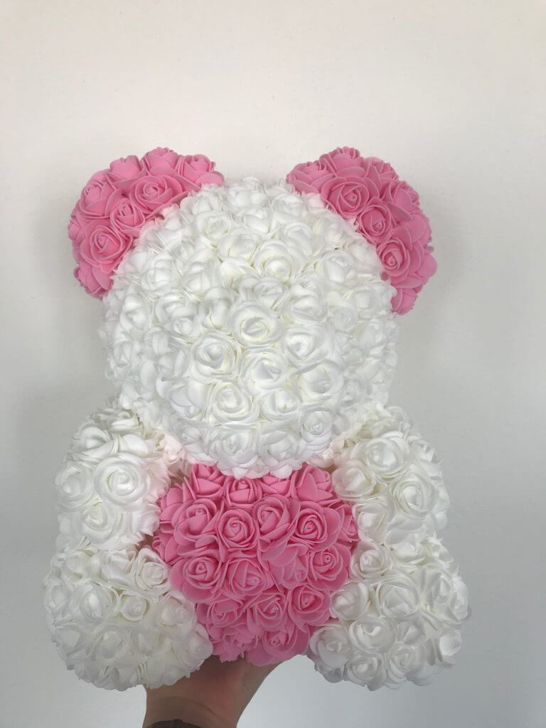Medveď z ruží biely s ružovým – 38cm