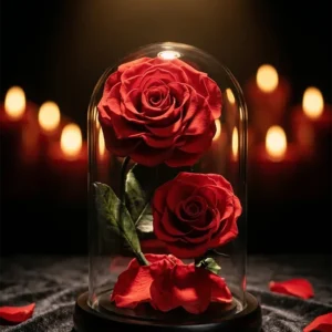 Červené stabilizované ruže v skle – “Dvojitá krása”