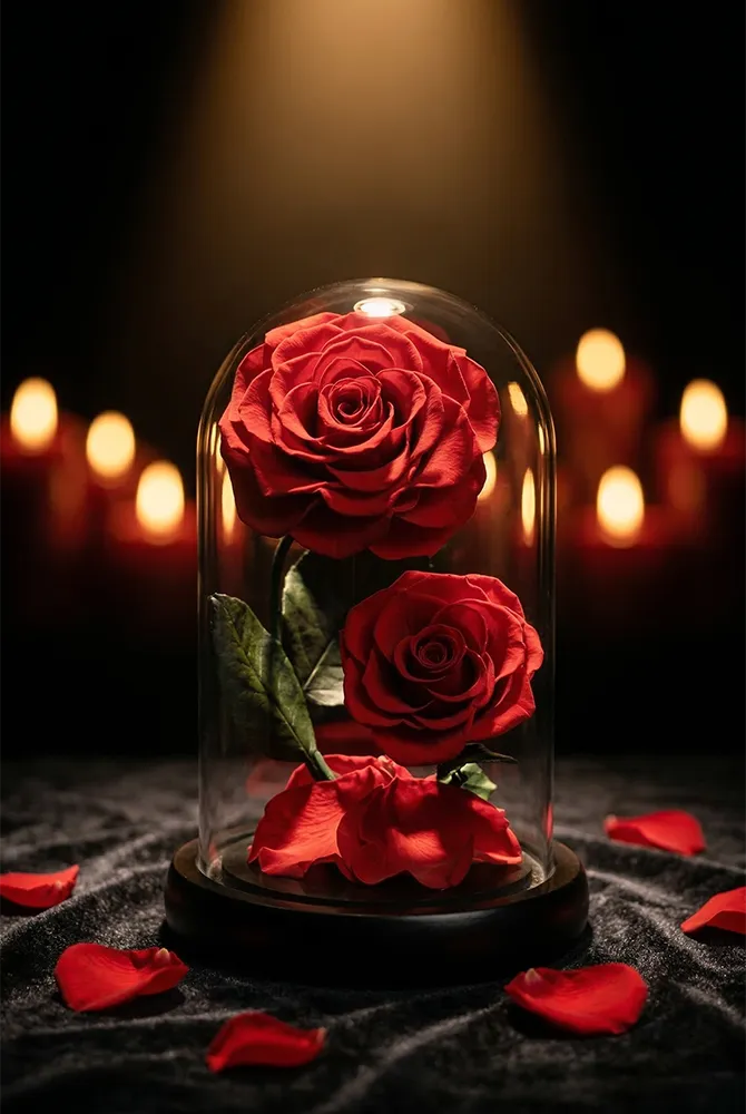 Červené stabilizované ruže v skle – “Dvojitá krása”