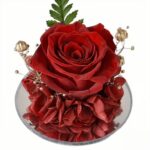 Detail stabilizovanej červenej ruže a hortenzie vnútri skleného anjela