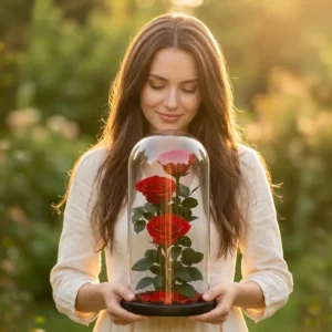 Červený stabilizované ruže v skle – “ Trojitá Krása”