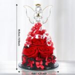 Sklenený anjelik Trojitý s tromi červenými stabilizovanými ružami – pohľad spredu