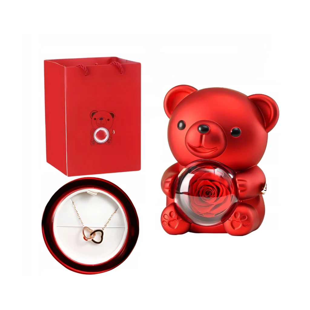 Šperkovnica v tvare medvedíka s večnou ružou