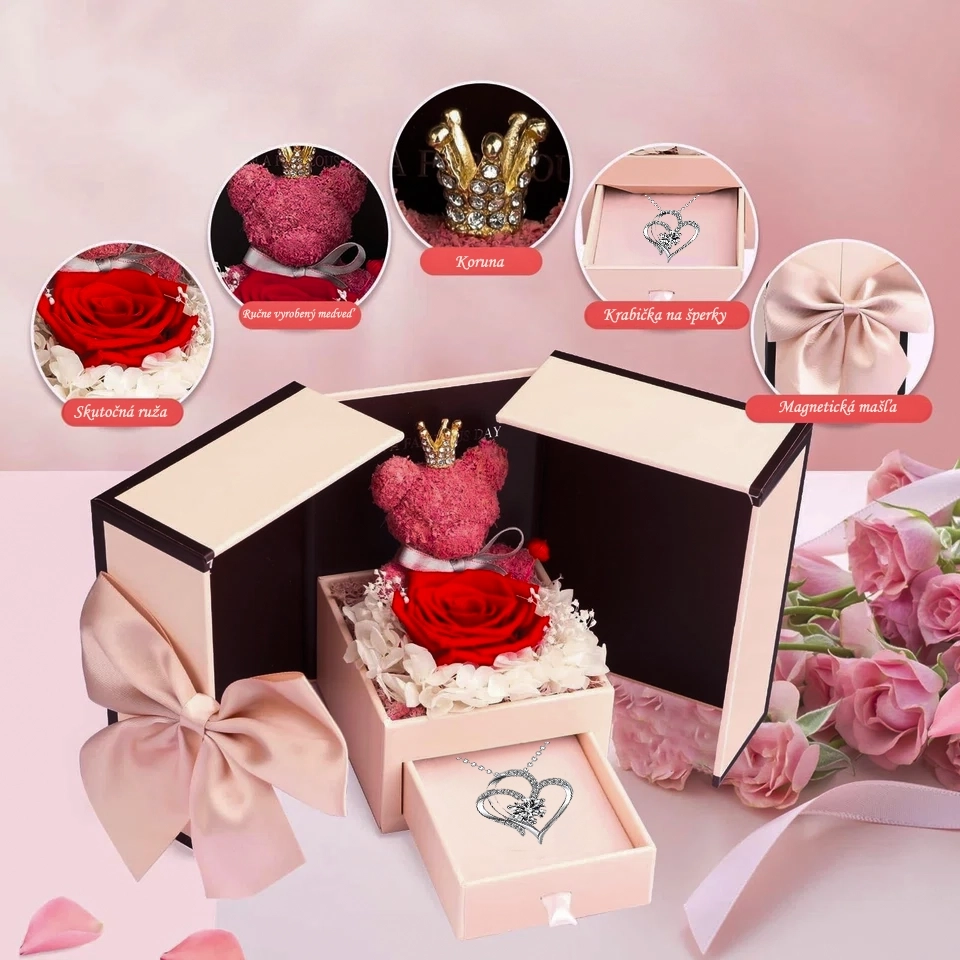 Darčeková krabička s medvedíkom a náhrdelníkom