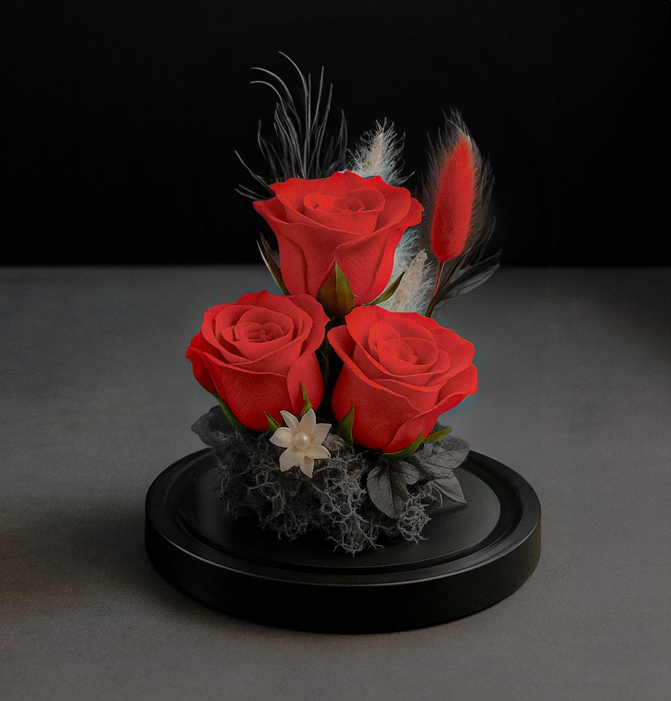 Premium trojitá červená ruža v kupole