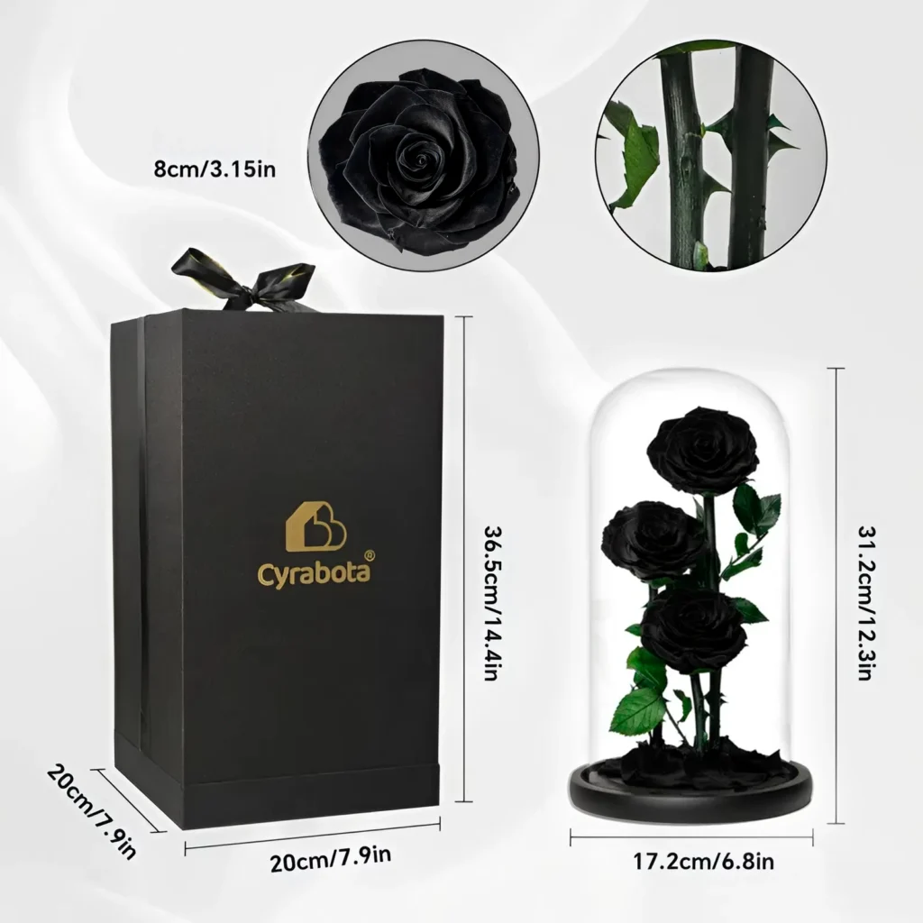 Čierne stabilizované ruže v skle – “ Trojitá Krása”