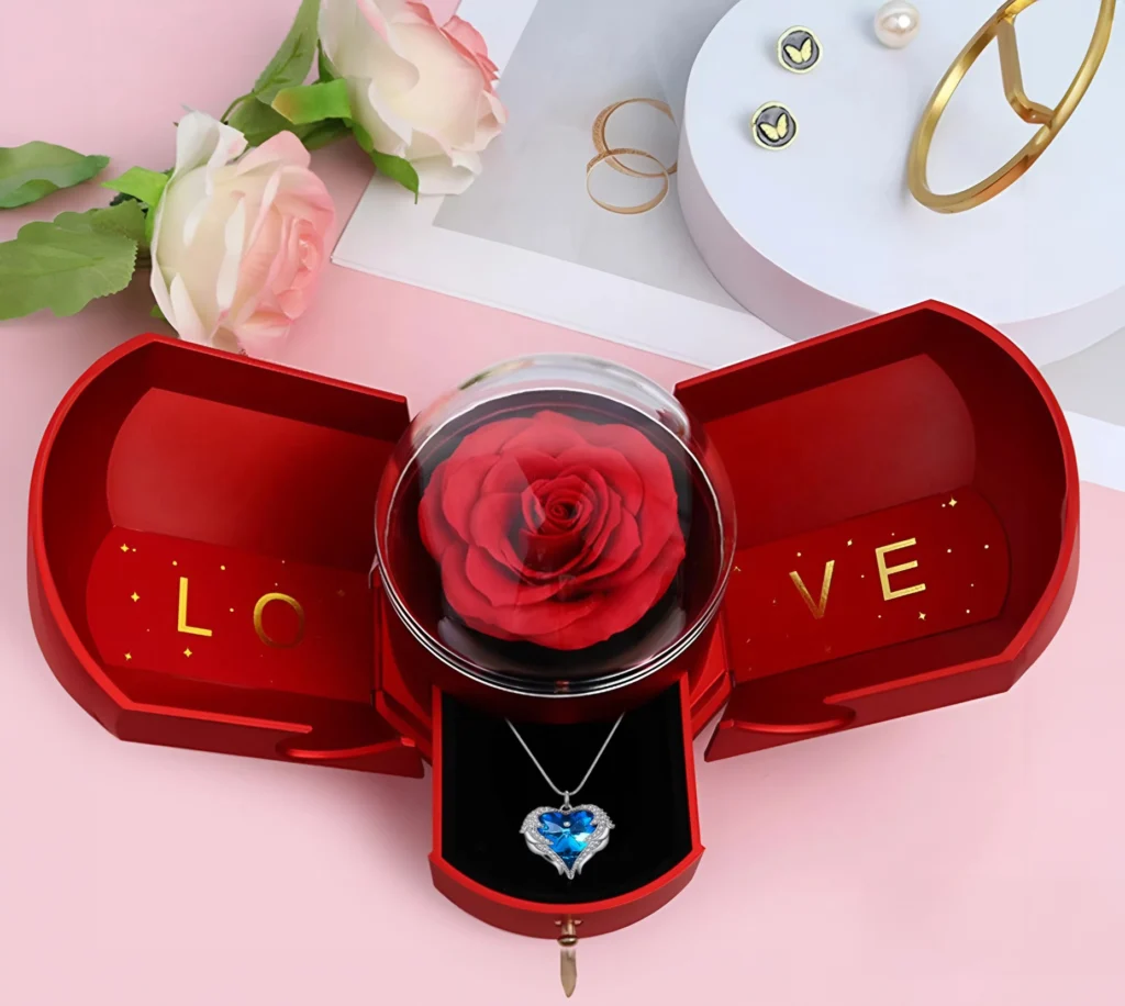 Šperkovnica s dvojitými krídlami a večnou ružou