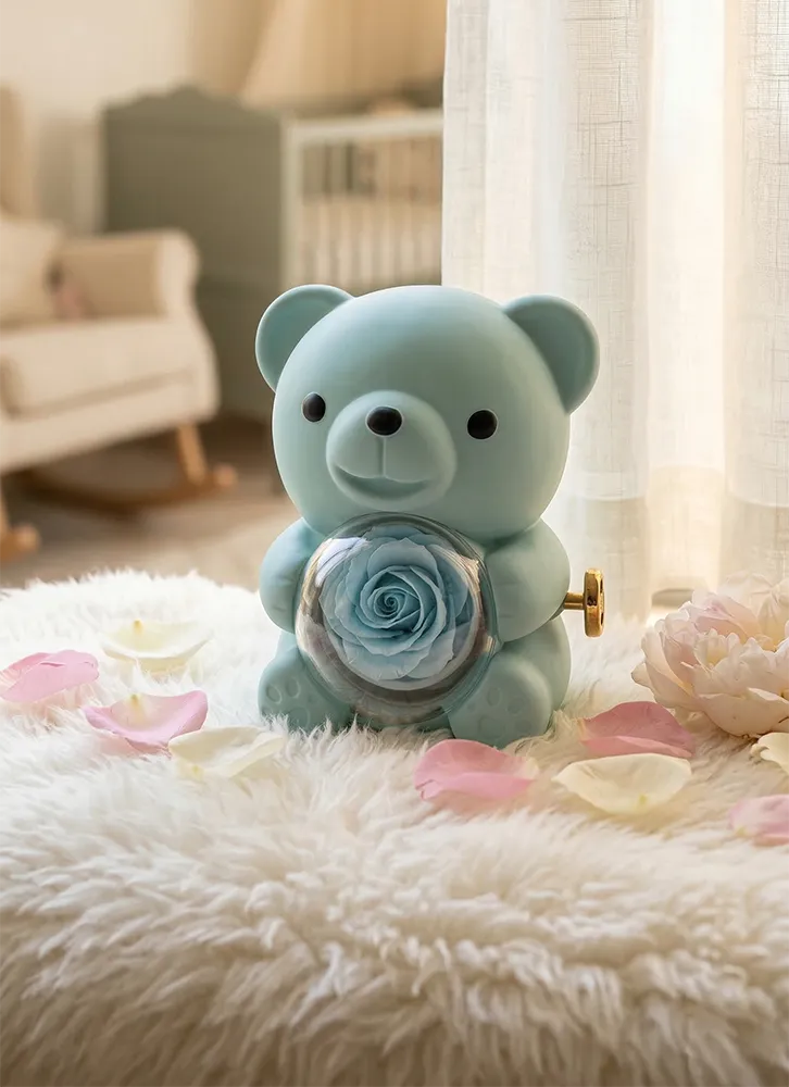 Modrý medvedík s večnou ružou – šperkovnica s darčekovým balením „Love You”