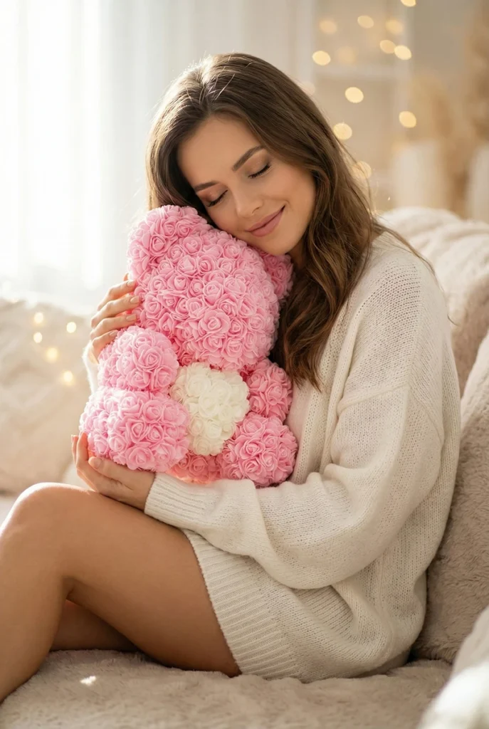 Medveď z ruží jemne ružovi s bielym srdcom – 40cm