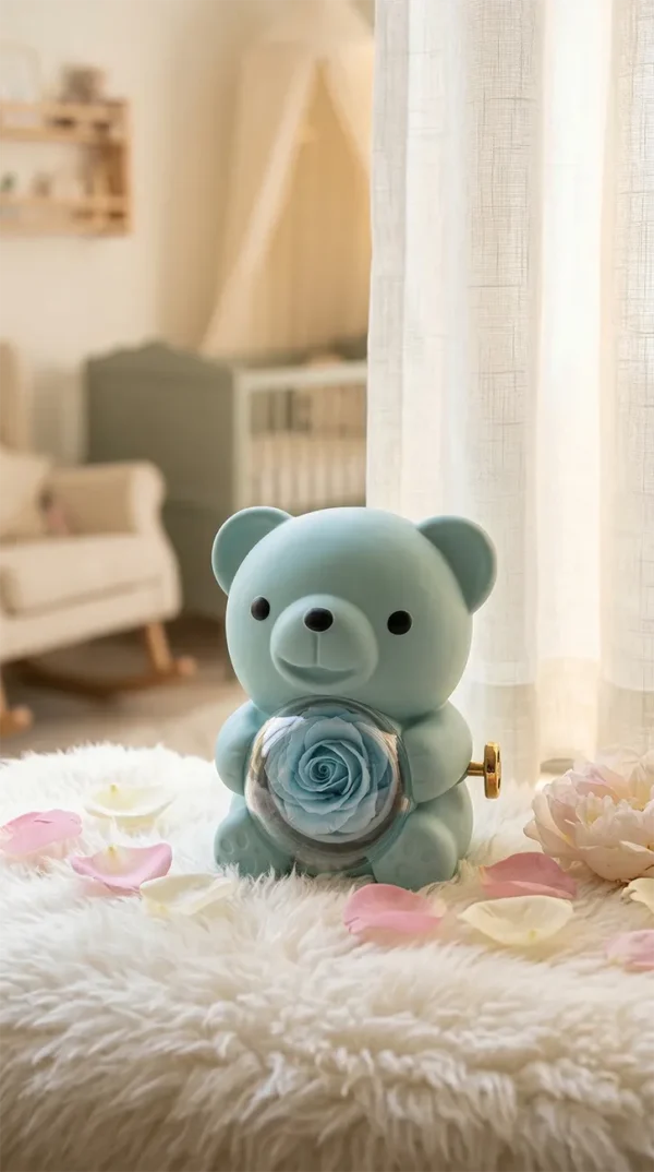 Modrý medvedík s večnou ružou – šperkovnica s darčekovým balením „Love You"