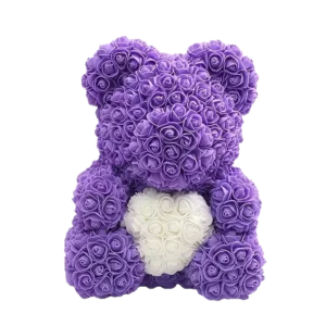 Medveď z ruží levanduľový s bielym srdcom – 40cm