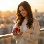 Sklenený anjelik so štyrmi červenými stabilizovanými ružami a ružovou hortenziou – pohľad spredu