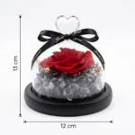 Rozmery červenej stabilizovanej ruže v sklenenej guli: výška 13 cm, priemer 12 cm