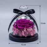 Rozmery fialovej stabilizovanej ruže v sklenenej guli: výška 13 cm, priemer 12 cm